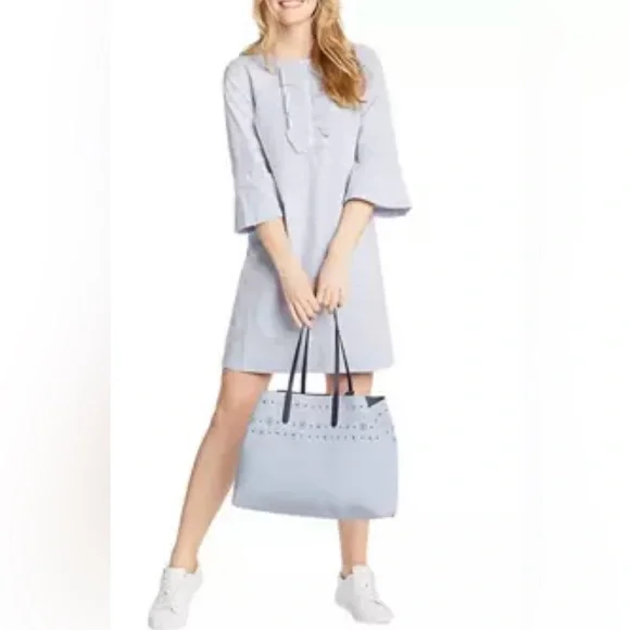 Draper James Seersucker Blue and White Shift Dress w/ 3/4 bell sleeves - Picture 9 of 9